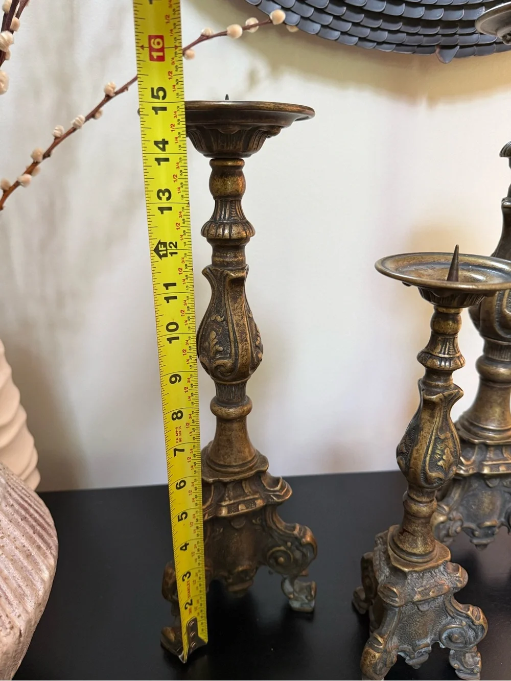Antique Baroque Brass Alter Candle Holders - Set of 3